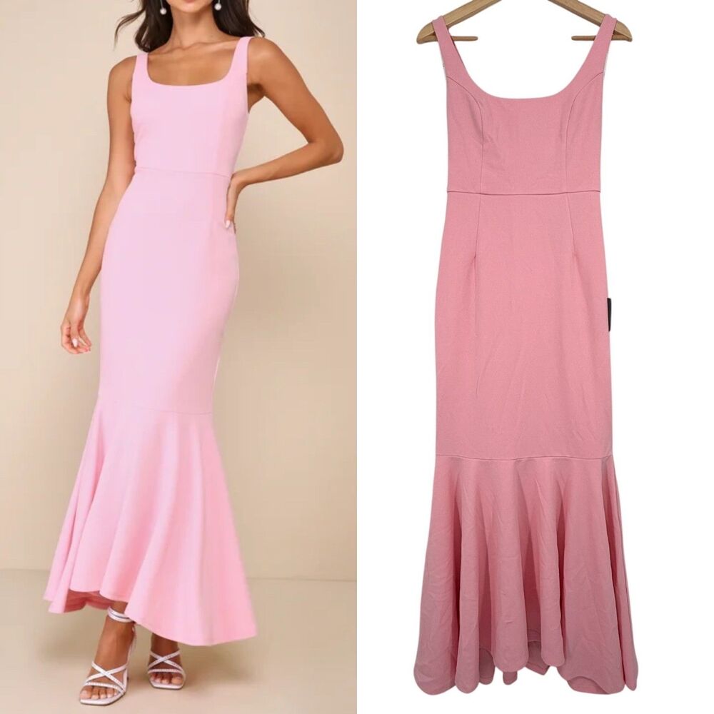 Lulus Light Pink Maxi Dress S Square Neck Trumpet Romantic Destiny Wedding Prom